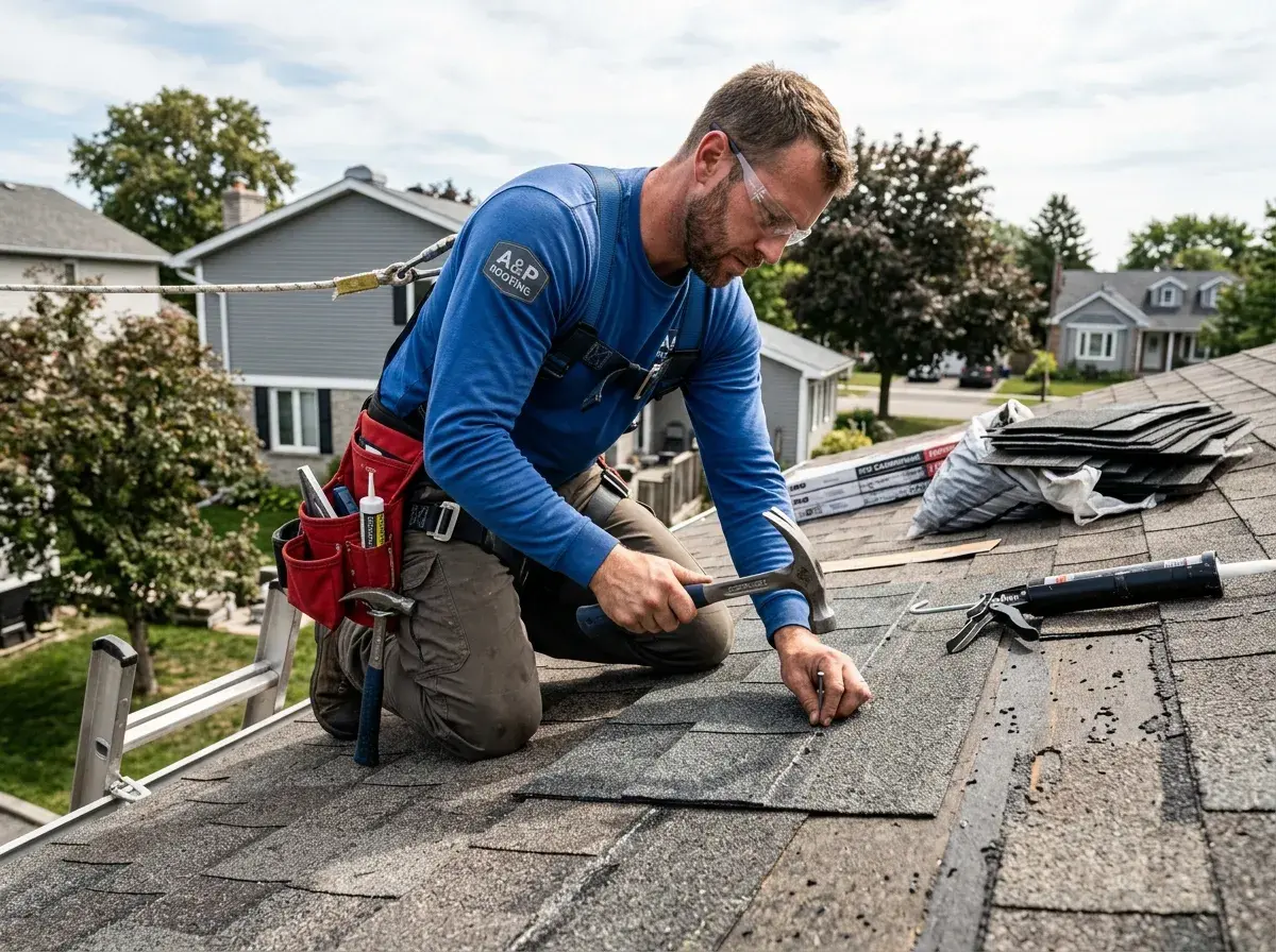 Roofer performing a precise repair on weathered shingles with safety harness and hand tools.