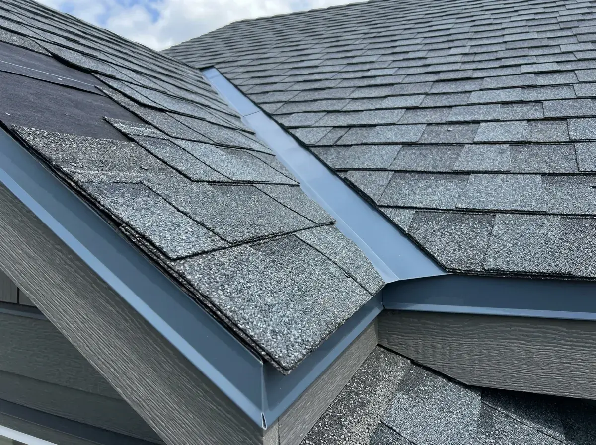 Close-up detail of architectural shingles being installed in tight, uniform courses.