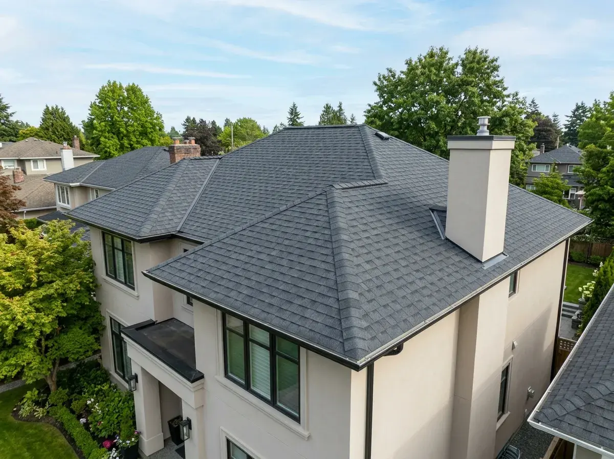 Finished roof showcasing clean valleys, straight courses, and tight flashing detail.