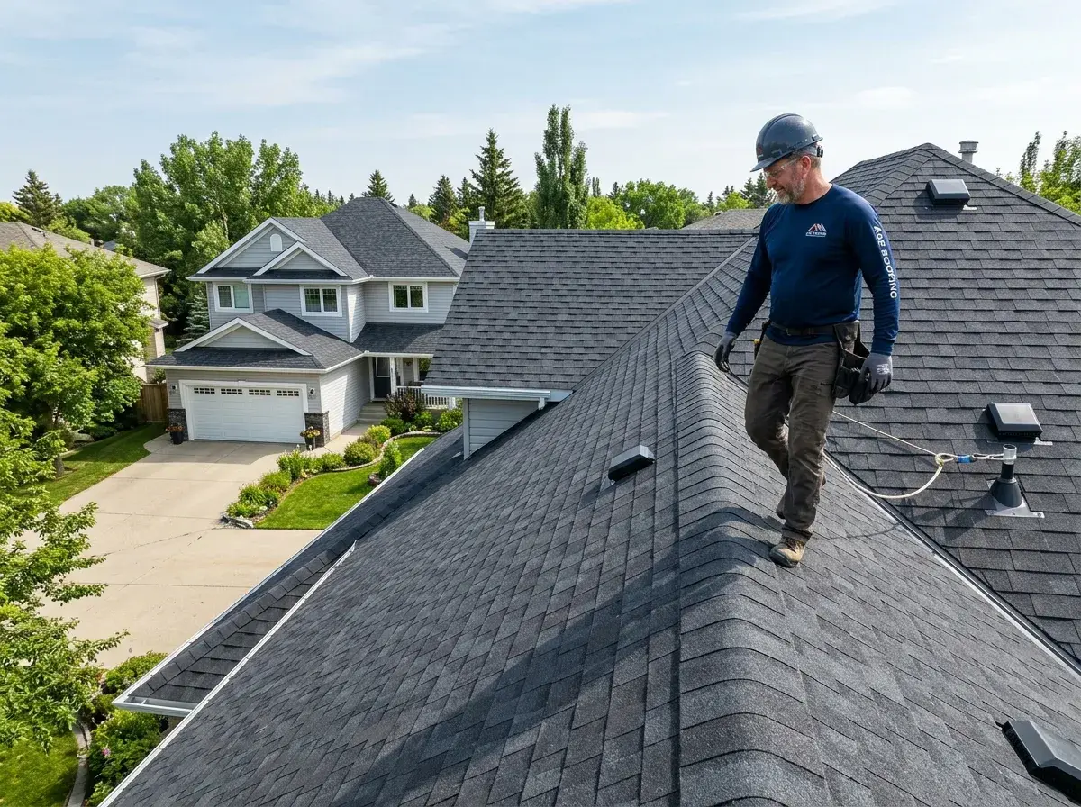 Completed roof replacement with deep architectural shingles and freshly trimmed soffit lines.