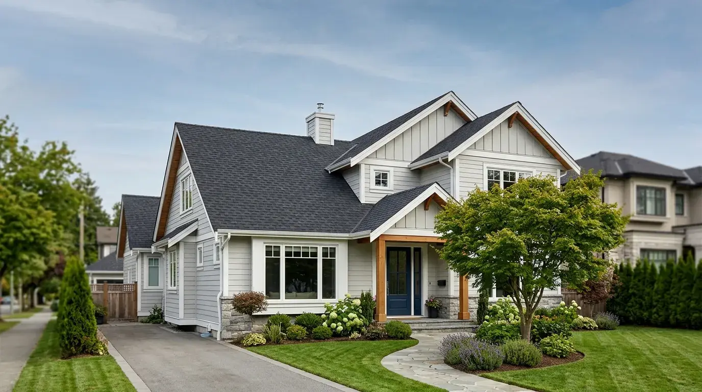 Completed roofing project, exterior wide angle.