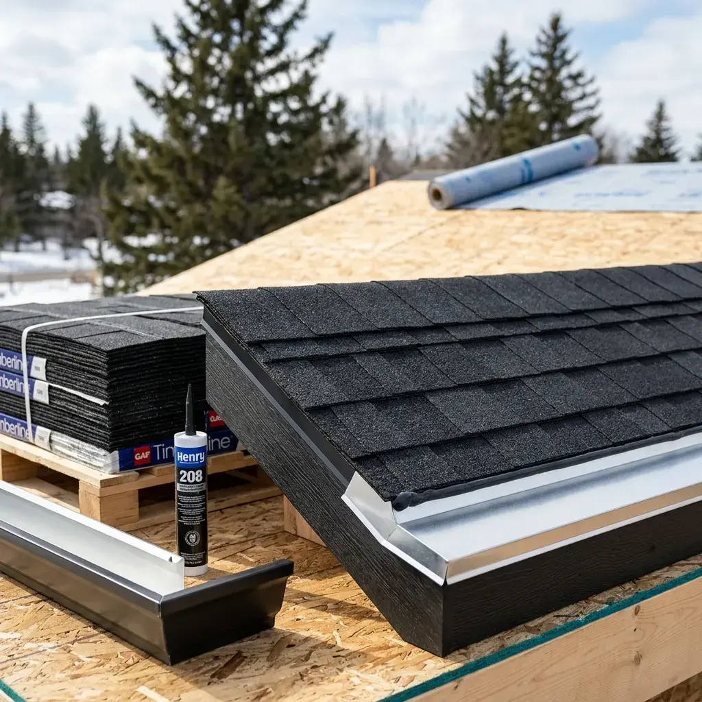 Close-up detail of premium shingle material, fasteners and underlayment.